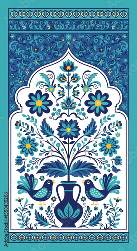 Vibrant Floral and Avian Design in Blue and Teal Hues