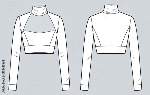 Cropped Long Sleeve Top with Turtleneck and Cutout Front Technical Fashion Illustration. Fitted Top fashion flat technical drawing template, front and back view, white, women CAD mockup.