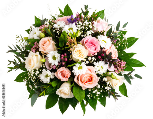 An elegant floral arrangement showcasing a mix of romantic roses and charming daisies with fresh greenery.