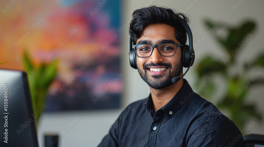 Fototapeta premium Professional Indian Man with Headset Assisting Client in Office
