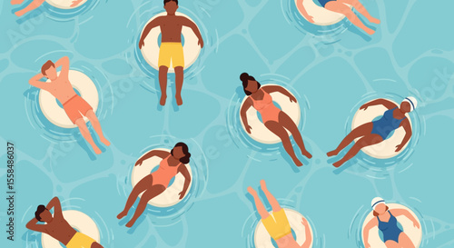 Summer Fun Diverse Group Relaxing on Inflatable Rings in a Pool