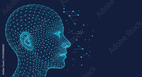 Abstract Wireframe Human Head Digital Art, AI, Technology Concept