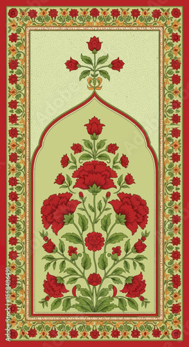 Elegant Floral Design Red Roses in a Mughal-Inspired Archway