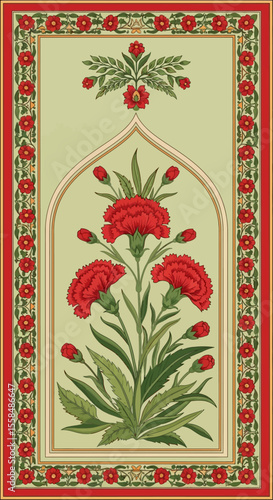 Elegant Red Carnation Floral Design in Mughal Style