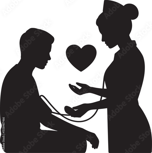 Black Silhouette Nurse Taking Patient Blood Pressure Heart Vector Illustration
