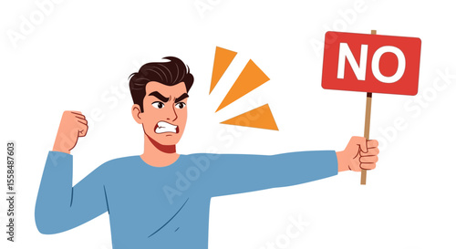 Angry Man Holding a 'No' Sign Illustration of Refusal and Protest