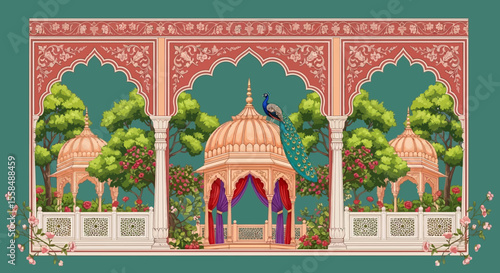 Majestic Peacock in a Mughal-Style Garden Pavilion  Intricate Architectural Illustration