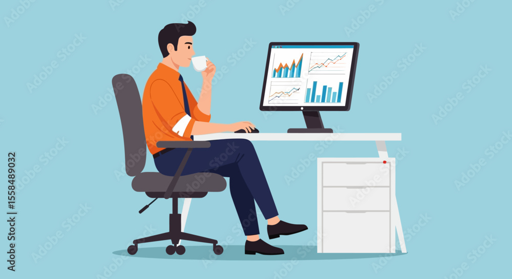 Businessman Analyzing Data Graphs on Computer While Enjoying Coffee Businessman Analyzing Data Graphs on Computer While Enjoying Coffee