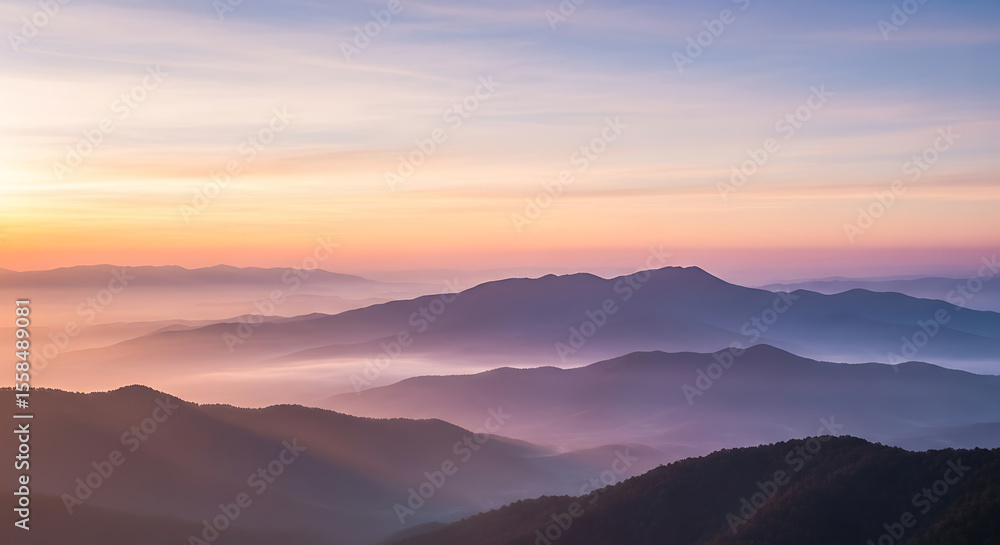 Serene Pastel Sunrise Over Misty Mountain Range Serene Pastel Sunrise Over Misty Mountain Range