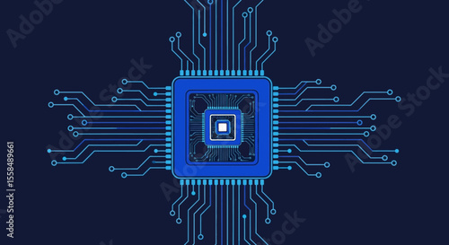 Abstract illustration of a microchip's circuitry, showcasing intricate technological design and digital processing power.