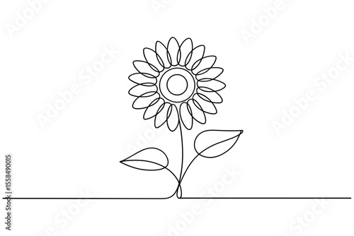 Minimalist continuous line sunflower with leaves vector illustration