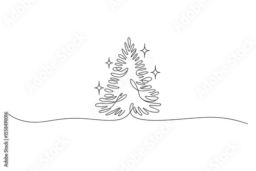 Minimalist christmas tree with sparkles single line art vector illustration
