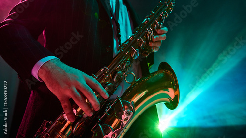 Photography A jazz musician passionately performs with a saxophone under vibrant stage lights