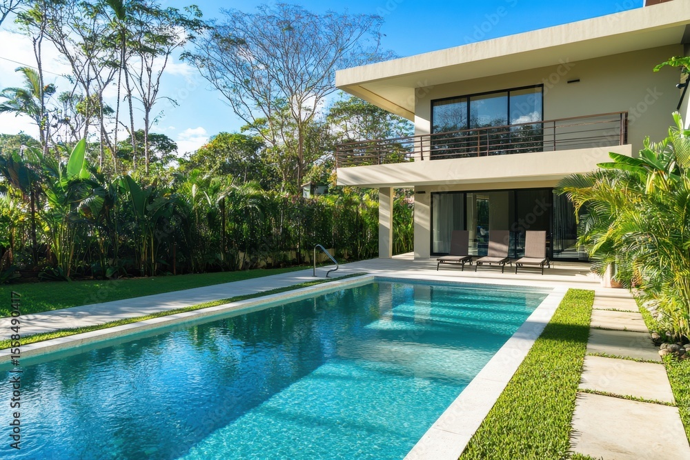 custom made wallpaper toronto digitalModern house with a pool surrounded by tropical plants and trees under a clear blue sky on a sunny day