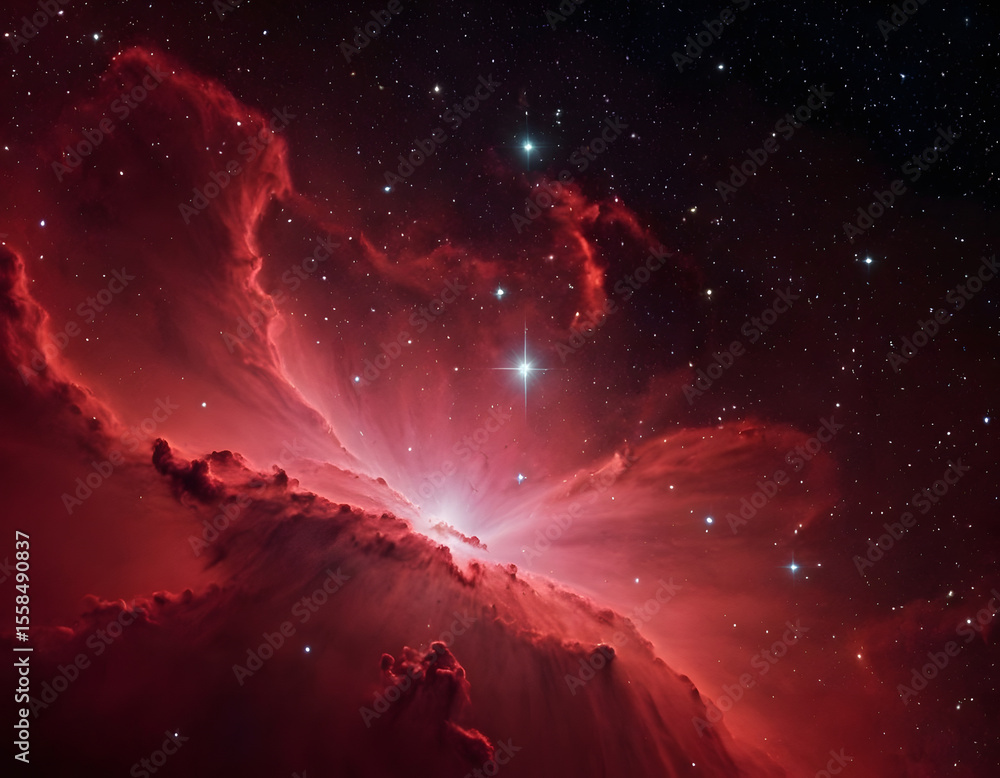Fototapeta premium Mesmerizing red nebula with twinkling stars in deep space, abstract background with space,background with red smoky clouds, banner for horror movie with copy space, dramatic sky with lightning