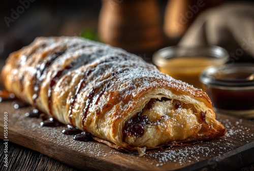Delicious freshly baked pastry with chocolate filling and powdered sugar served on wooden board with sauces in small bowls, warm and inviting