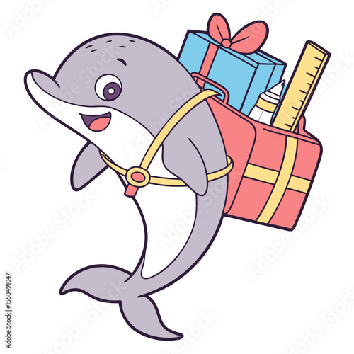 Cute SVG of a Joyful Dolphin in Chalkboard Fun colors, featuring carrying a gift box in a Back to school setting