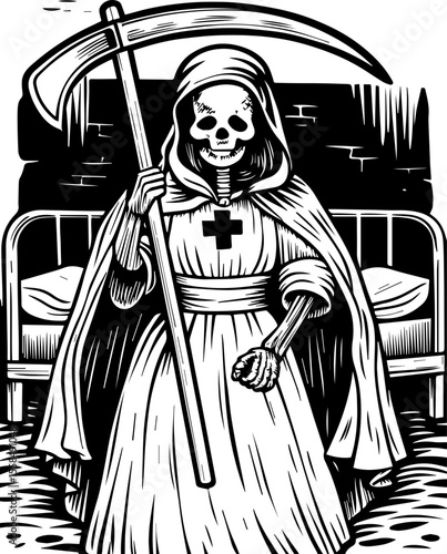 SVG of a female grim reaper with a haunting skull design. Vintage Grim Reaper Illustration with Scythe and Bodily Form