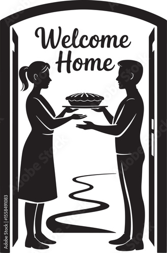 Blackand White Vector Illustration Woman Man Doorway Pie Welcome Home silhouette