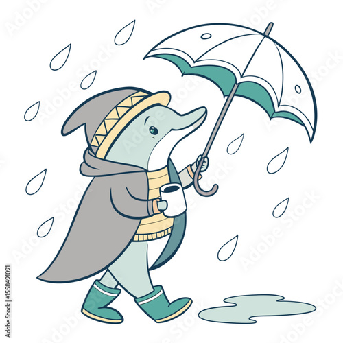 Charming SVG of a Content Dolphin featuring wearing a cape, styled in a Rainy day theme with Raindrop Calm hues