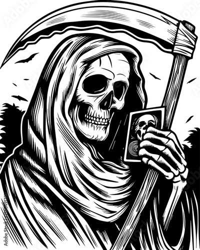 SVG of a female grim reaper with a haunting skull design. Vintage Grim Reaper Holding Card in Black and White Style Illustration