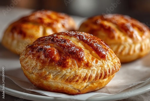 Delicious golden brown pastry with flaky crust served on a white plate, perfect for breakfast or dessert showcasing tempting baked goodness and rich texture