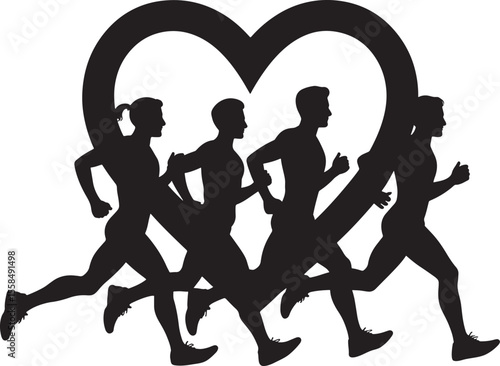 Four Silhouettes Running Within Black Heart Shape Vector Illustration runners love