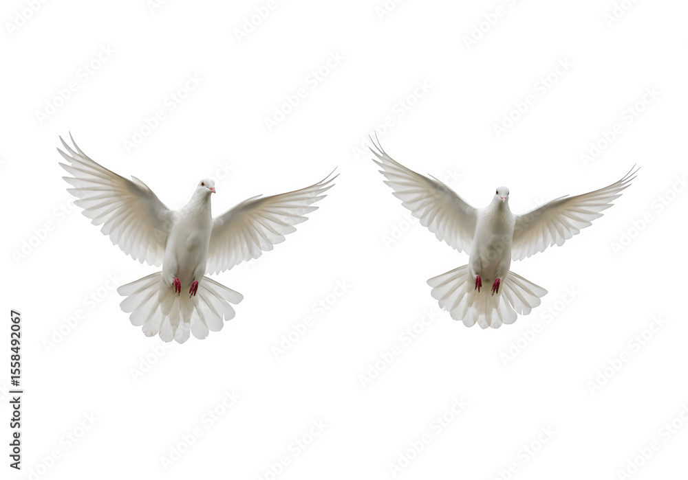 Fototapeta premium Two white doves are flying isolated on white or transparent background. PNG