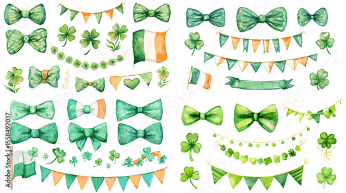 Watercolor illustrations of St. Patrick's Day decorations including clovers, garlands, flags, and green bows. Ideal for festive design and Irish cultural content.

