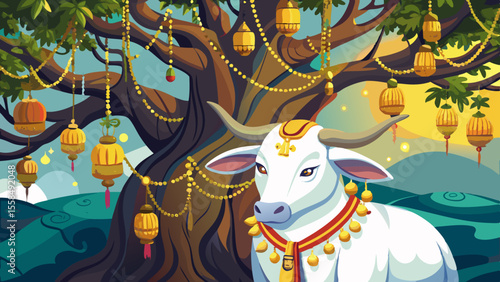The Bodhi Tree spreads its branches wide under morning mist, leaves rustling softly, golden ornaments hanging from limbs. Nearby, a white sacred cow stands adorned with floral garlands, eyes calm, sym