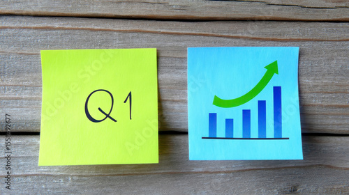 Concept of Q1 1st Quarter Period write on sticky notes isolated on Wooden Table. Stock market concept. First quarter financial planning visualized on wood surface using colorful notepads.