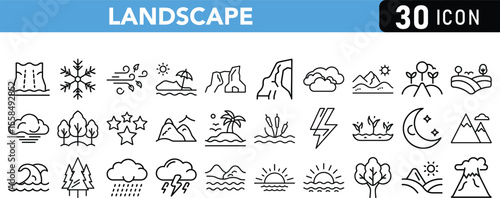 Set of 30Vector art of a set of landscape icons depicts various natural elements and weather conditions