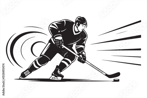 Puck Pursuit: A dynamic depiction of an ice hockey player swiftly maneuvering across the rink, fully engaged in the sport, showcasing a moment of athletic prowess and intense action.