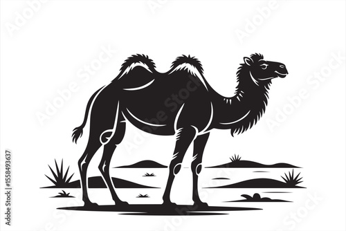 Majestic Desert Dweller: A silhouetted camel, the ship of the desert, stands proudly against the backdrop of a serene desert landscape. The image embodies endurance and the beauty of the wild.