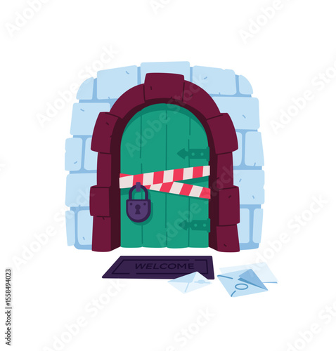 Illustration of a closed door in a lock. The massive door is locked, the forbidden tapes. The entrance is closed, there is no passage. Flat style. An image for design projects and websites.