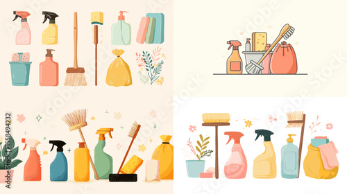 Flat vector illustrations of cleaning tools and supplies including spray bottles, brushes, sponges, and trash bags. Perfect for housekeeping, hygiene, and cleaning product design.

