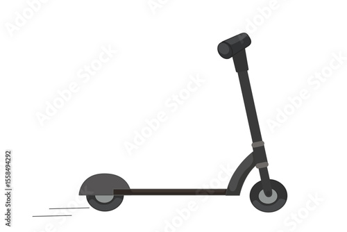 Simple black kick scooter illustration in minimal flat style with motion lines on white background