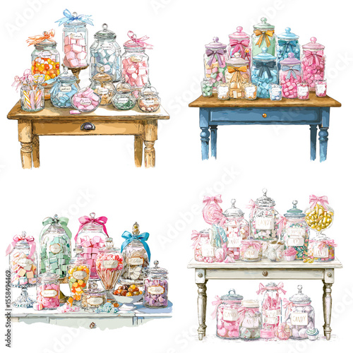 Charming watercolor illustrations of candy jars and sweet tables in pastel colors. Great for dessert table decor, birthday parties, invitations, and bakery branding.


