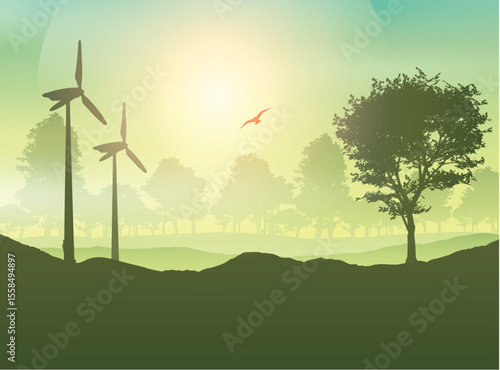 Wind turbines and tree landscape
