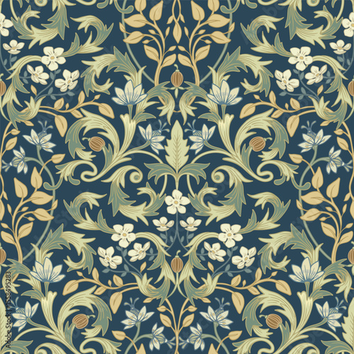 Dense floral pattern. White flowers with soft green leaves on a blue background.