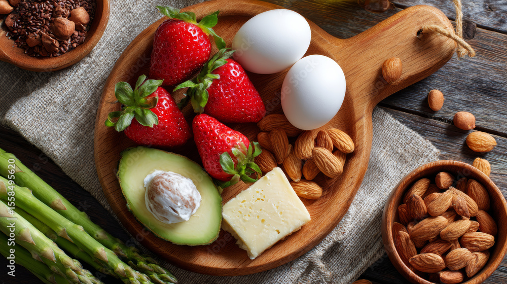 Fototapeta premium Delicious and nutritious keto-friendly meal with fresh strawberries, eggs, avocado, and almonds.
