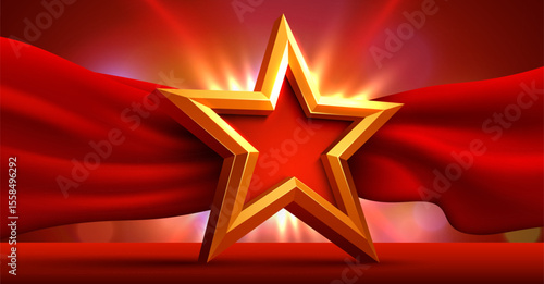 Award ceremony background and 3d gold star with red silk ribbon decoration with glitter light effect elements. Vector illustration