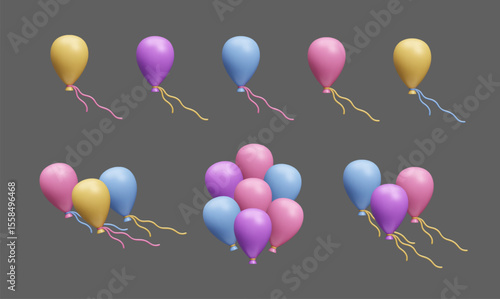 Colorful birthday balloons 3D style vector bundle. Big set of different colorful balloons composition. Surprise birthday party decor, gender reveal party, anniversary celebration realistic 3D icon set