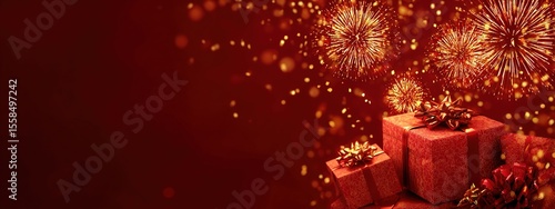 Diwali banner. Background design of realistic red gift box, 3d render fireworks and fire cracker, Horizontal diwali poster, headers for website. High quality