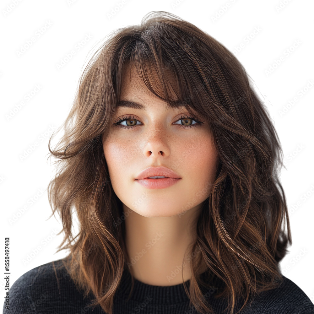 Young woman with soft brown hair and natural makeup, looking confidently at the camera, transparent background, cutout PNG Young woman with soft brown hair and natural makeup, looking confidently at the camera, transparent background, cutout PNG