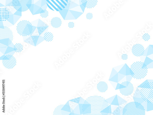水色のポリゴンとドットとストライプ柄の円の斜めフレーム