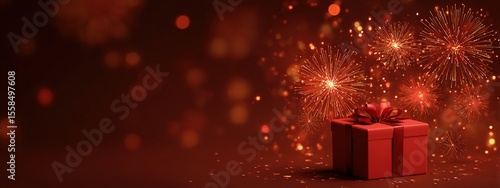 Diwali banner. Background design of realistic red gift box, 3d render fireworks and fire cracker, Horizontal diwali poster, headers for website. High quality