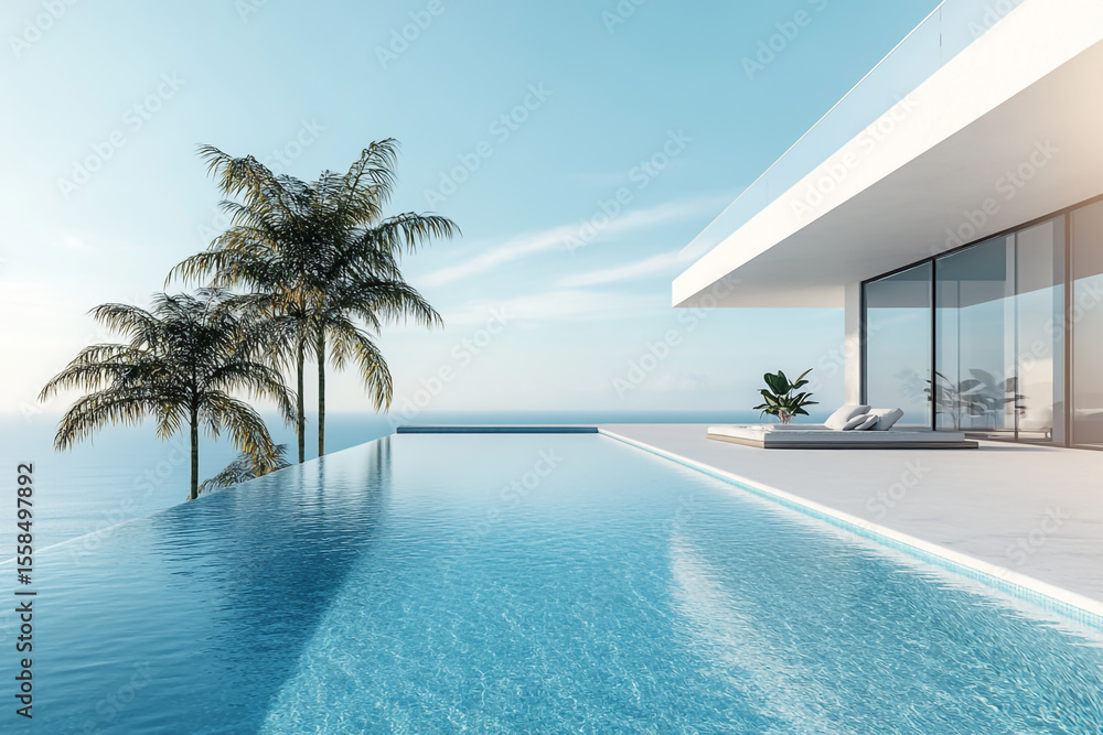 Fototapeta premium Modern infinity pool with palm trees and ocean view
