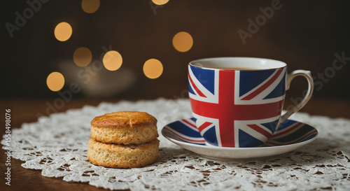 British tea cup with Union Jack design and scones with soft bokeh background
