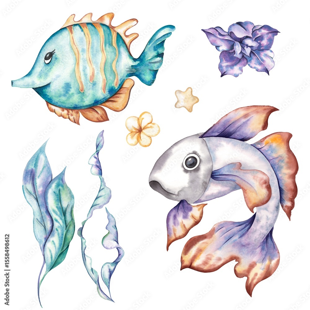 Naklejka premium set of sea of bright watercolor illustrations